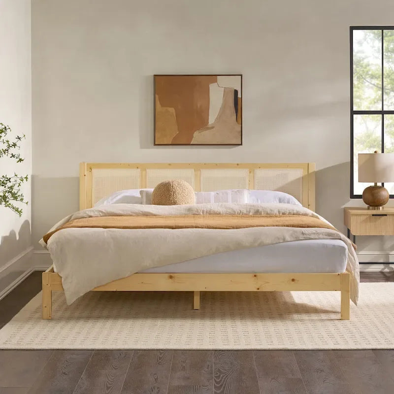 Struttura Letto King Boho in Legno Massello e Rattan