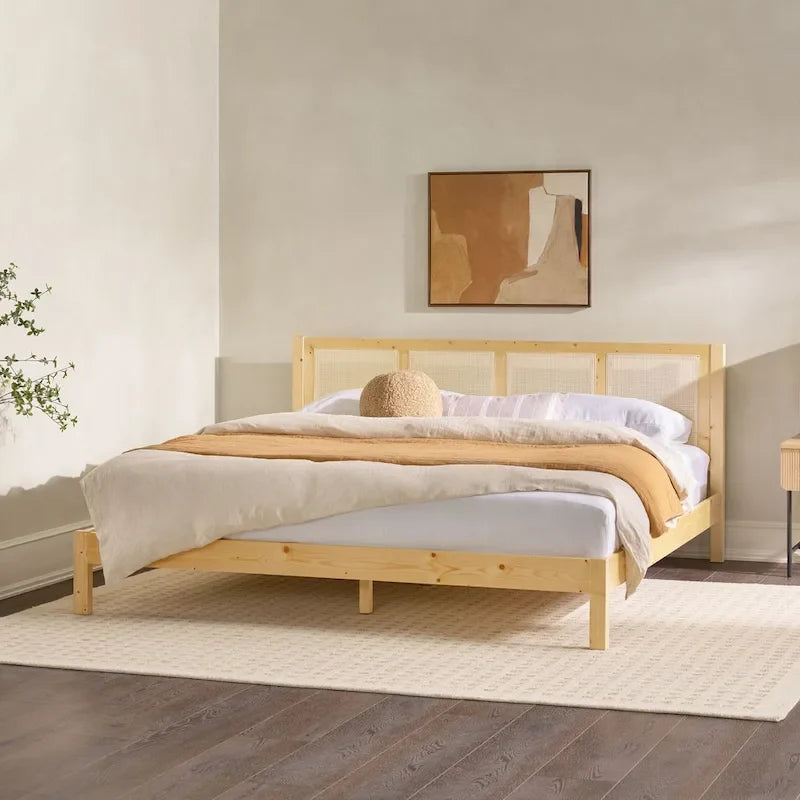 Struttura Letto King Boho in Legno Massello e Rattan
