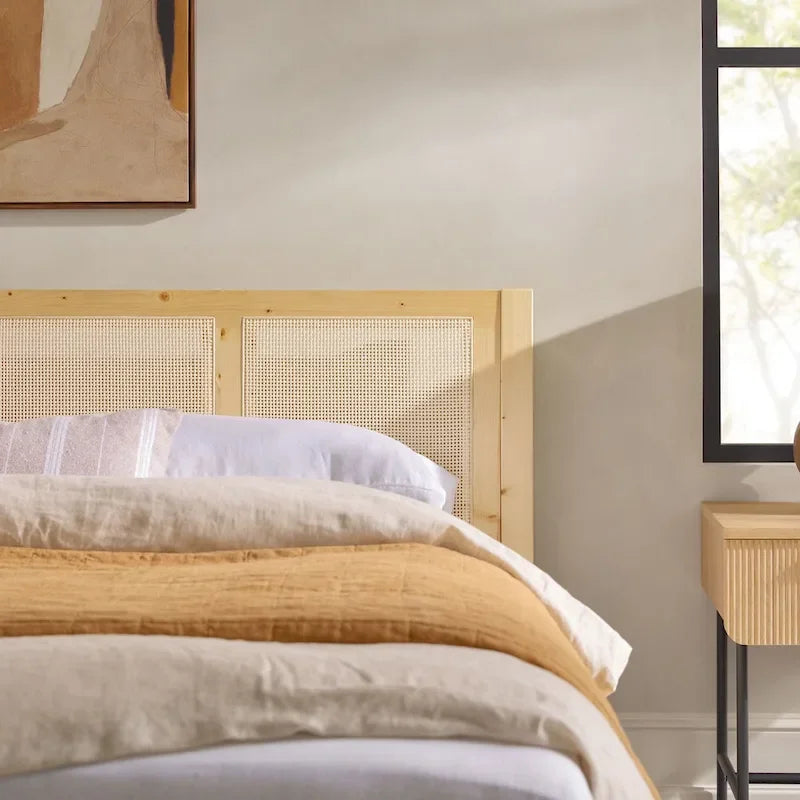 Struttura Letto King Boho in Legno Massello e Rattan