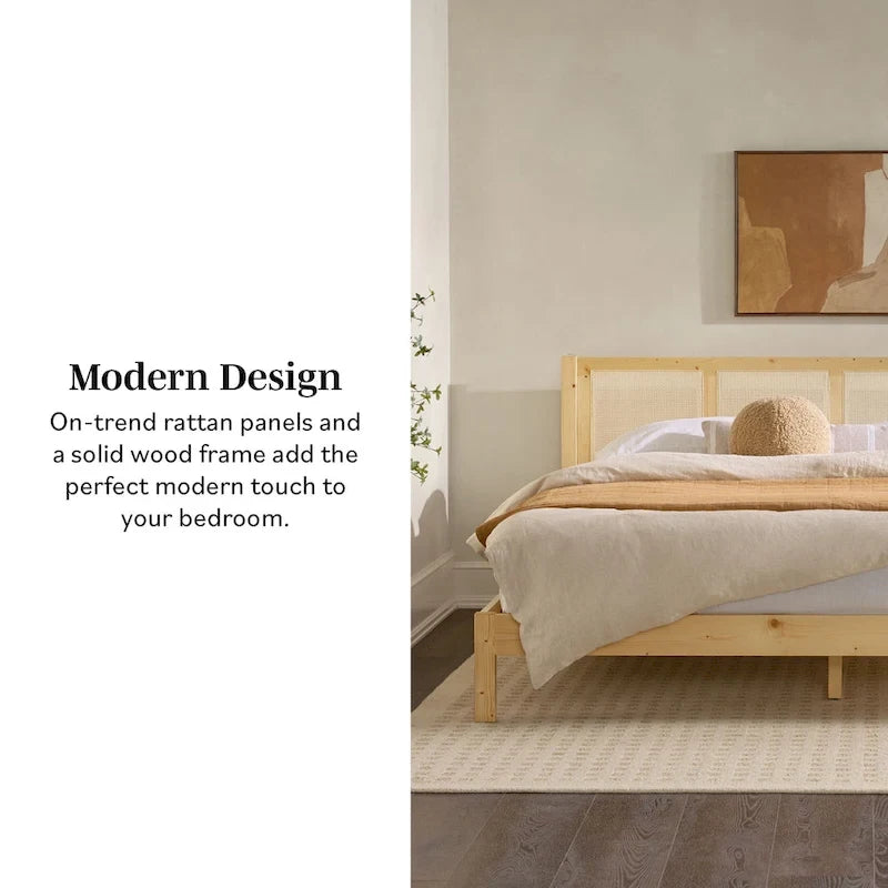 Struttura Letto King Boho in Legno Massello e Rattan