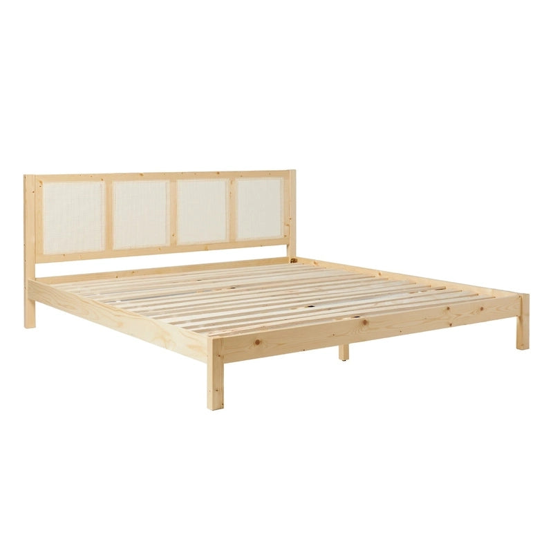 Struttura Letto King Boho in Legno Massello e Rattan