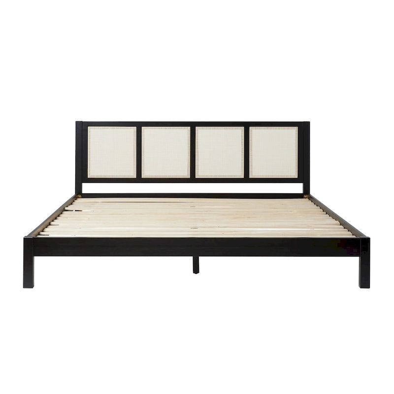 Struttura Letto King Boho in Legno Massello e Rattan