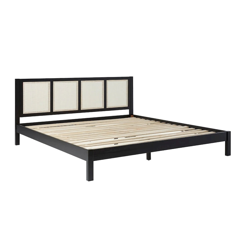 Struttura Letto King Boho in Legno Massello e Rattan