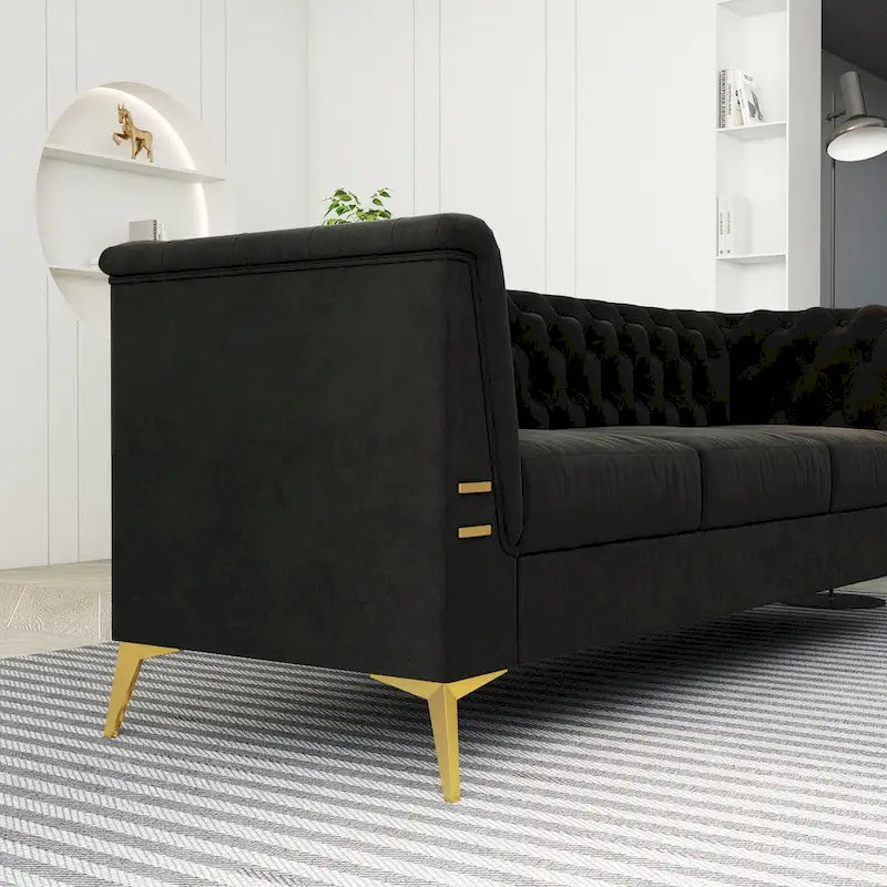 Divano a 3 posti in velluto con cuscini trapuntati e gambe in metallo color oro