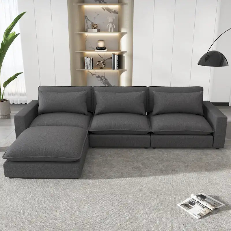 Divano componibile a 8 posti in ciniglia da 325 cm con pouf e porte USB
