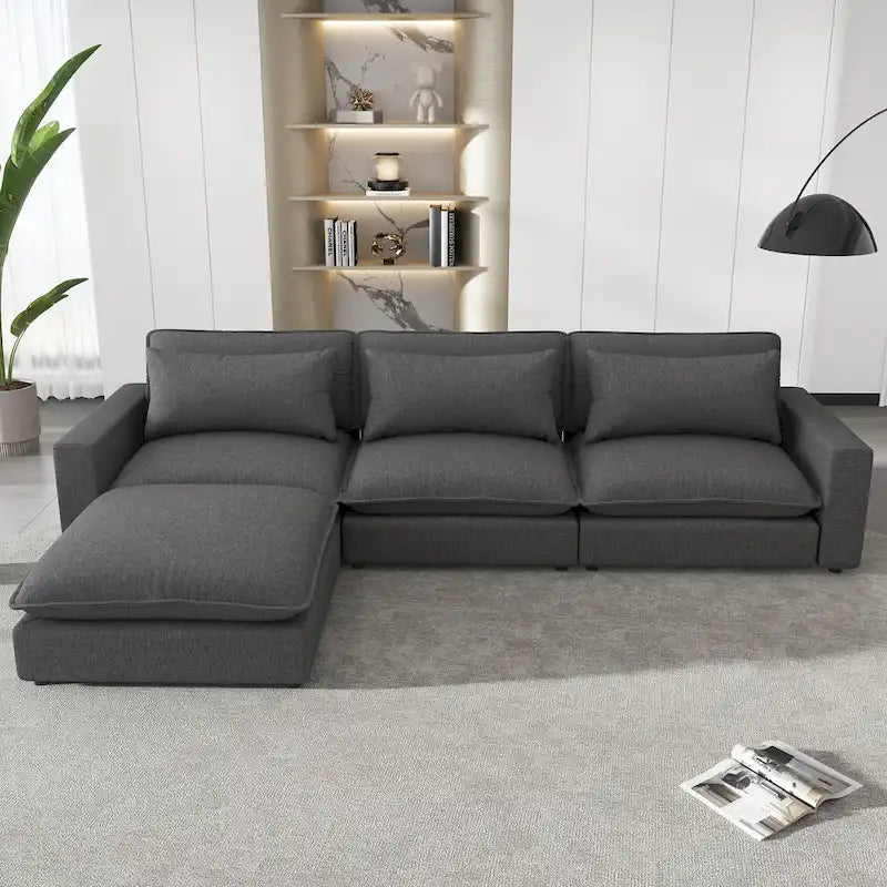 Divano componibile a 8 posti in ciniglia da 325 cm con pouf e porte USB