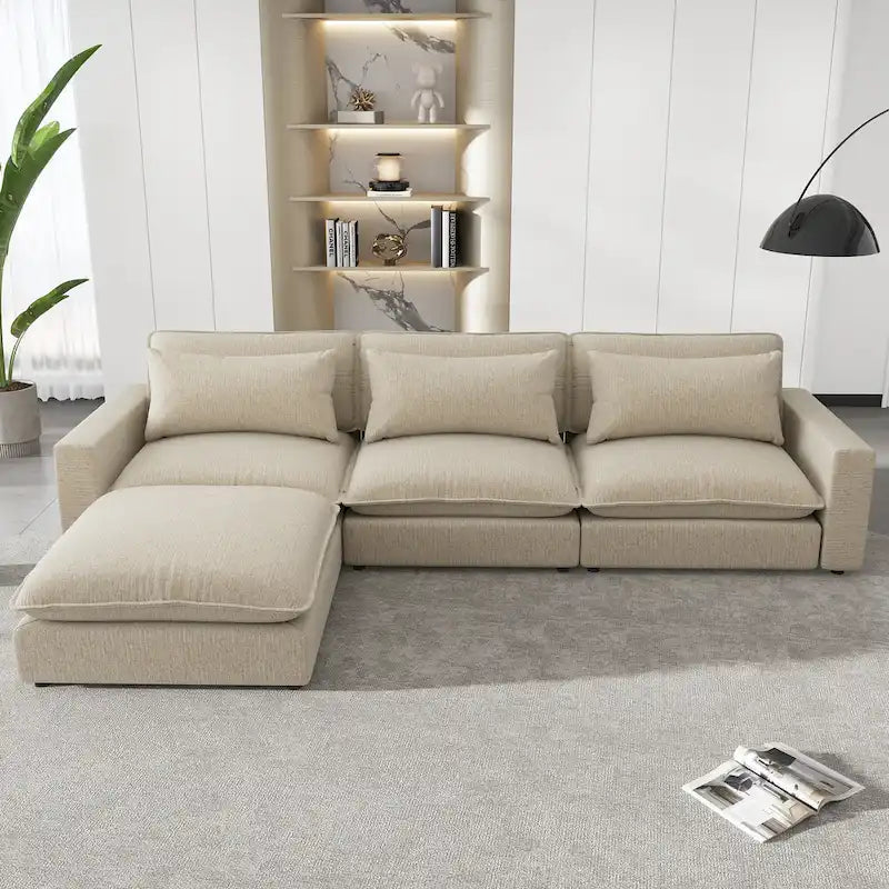 Divano componibile a 8 posti in ciniglia da 325 cm con pouf e porte USB