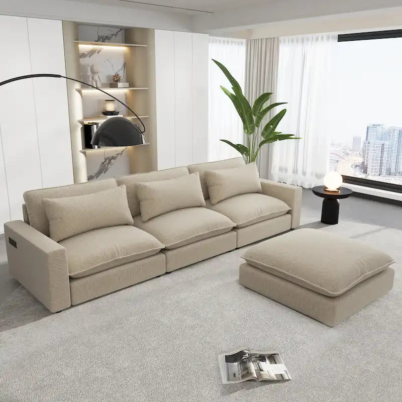 Divano componibile a 8 posti in ciniglia da 325 cm con pouf e porte USB