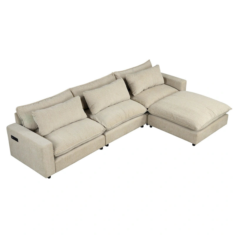 Divano componibile a 8 posti in ciniglia da 325 cm con pouf e porte USB