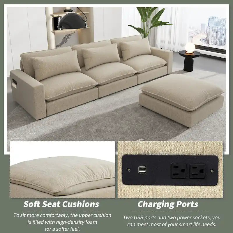 Divano componibile a 8 posti in ciniglia da 325 cm con pouf e porte USB