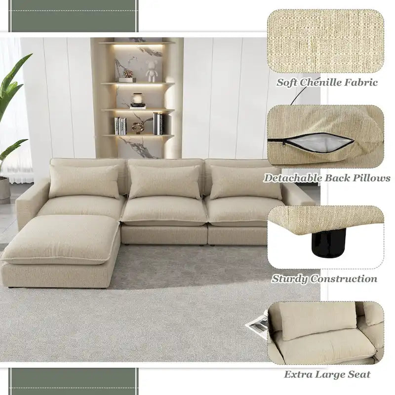 Divano componibile a 8 posti in ciniglia da 325 cm con pouf e porte USB