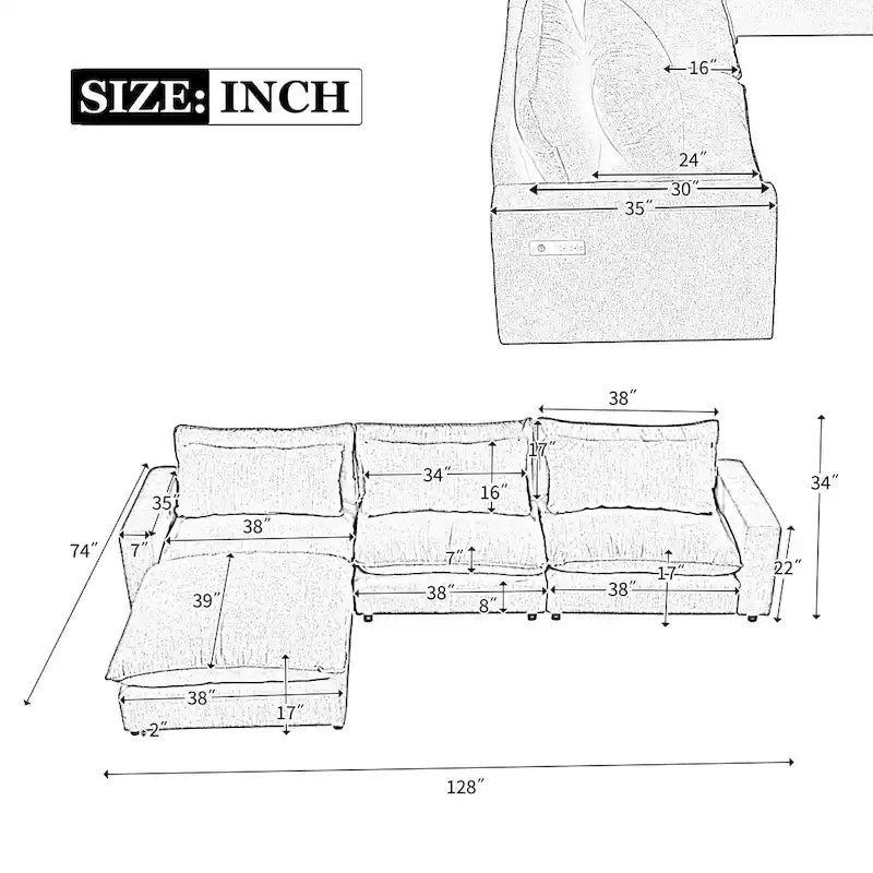 Divano componibile a 8 posti in ciniglia da 325 cm con pouf e porte USB