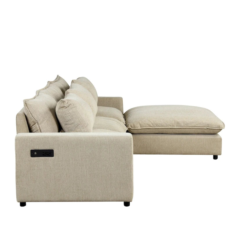 Divano componibile a 8 posti in ciniglia da 325 cm con pouf e porte USB