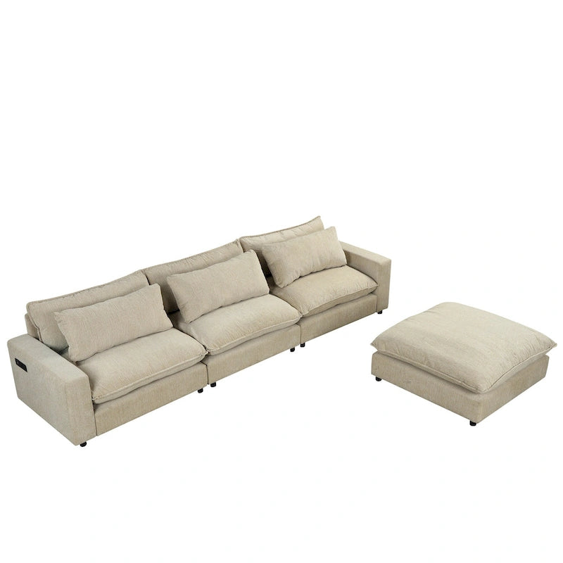 Divano componibile a 8 posti in ciniglia da 325 cm con pouf e porte USB