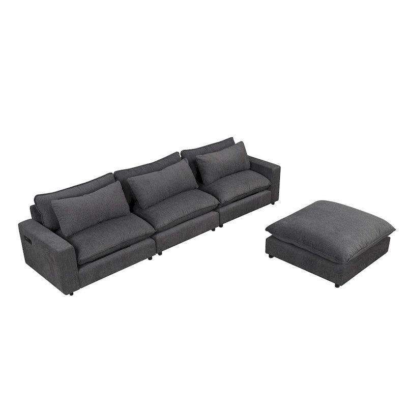 Divano componibile a 8 posti in ciniglia da 325 cm con pouf e porte USB
