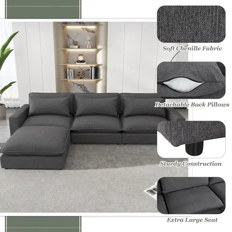 Divano componibile a 8 posti in ciniglia da 325 cm con pouf e porte USB