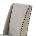 Sedie da pranzo con schienale ad ala, set da 2, legno rovere marrone, tessuto beige, finiture borchiate