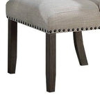 Sedie da pranzo con schienale ad ala, set da 2, legno rovere marrone, tessuto beige, finiture borchiate