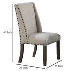 Sedie da pranzo con schienale ad ala, set da 2, legno rovere marrone, tessuto beige, finiture borchiate
