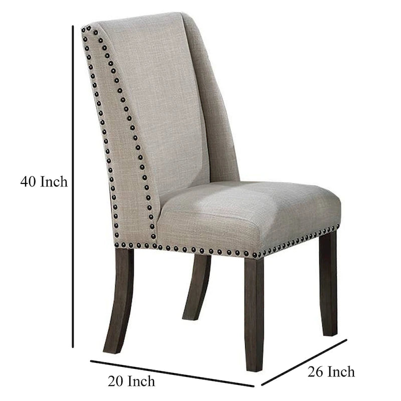 Sedie da pranzo con schienale ad ala, set da 2, legno rovere marrone, tessuto beige, finiture borchiate