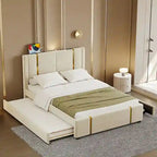 Letto matrimoniale con cassetti contenitore, porta USB e luce notturna