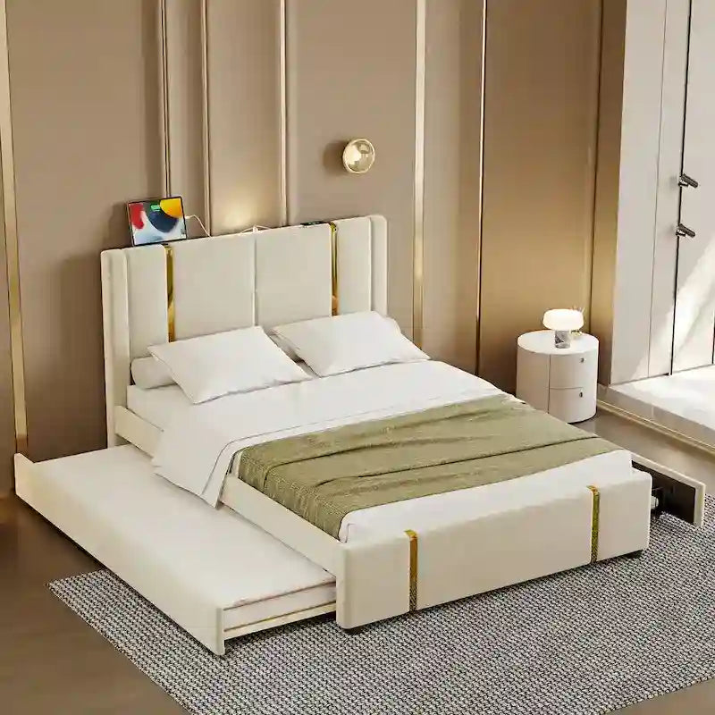 Letto matrimoniale con cassetti contenitore, porta USB e luce notturna