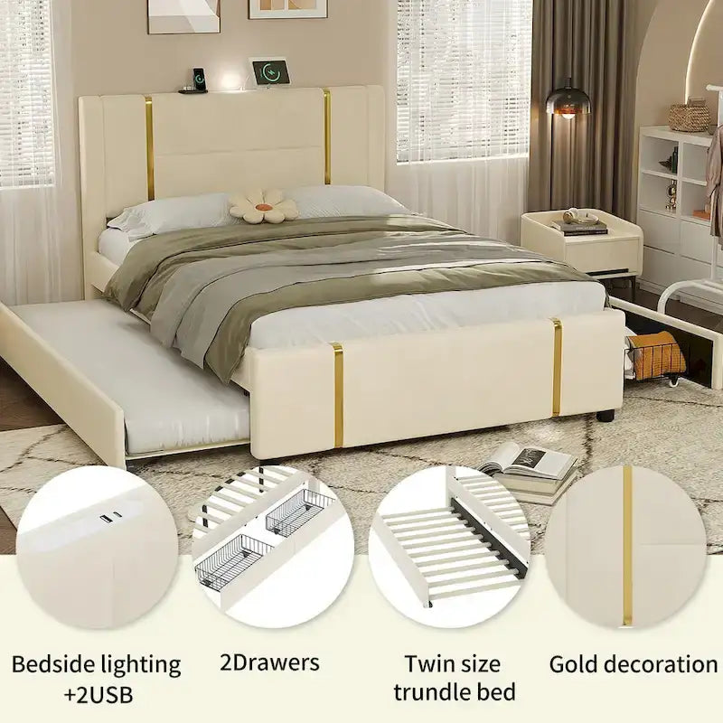 Letto matrimoniale con cassetti contenitore, porta USB e luce notturna