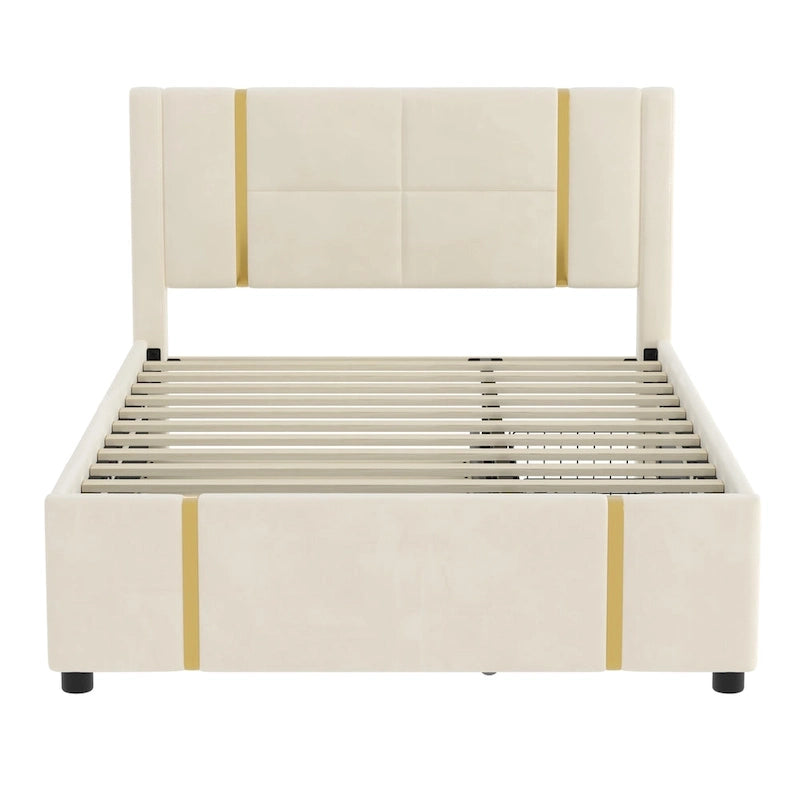 Letto matrimoniale con cassetti contenitore, porta USB e luce notturna