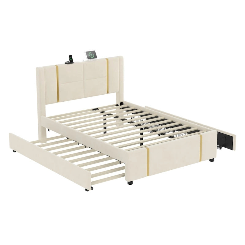 Letto matrimoniale con cassetti contenitore, porta USB e luce notturna