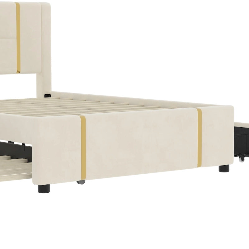 Letto matrimoniale con cassetti contenitore, porta USB e luce notturna
