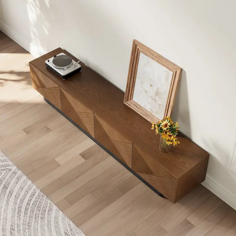 Mobile TV moderno di metà secolo da 78,74" con impiallacciatura in legno e 4 ante.