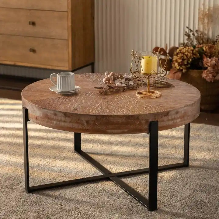 Tavolino Rotondo da Caffè con Piano in Legno di Abete e Gambe a Croce in Metallo