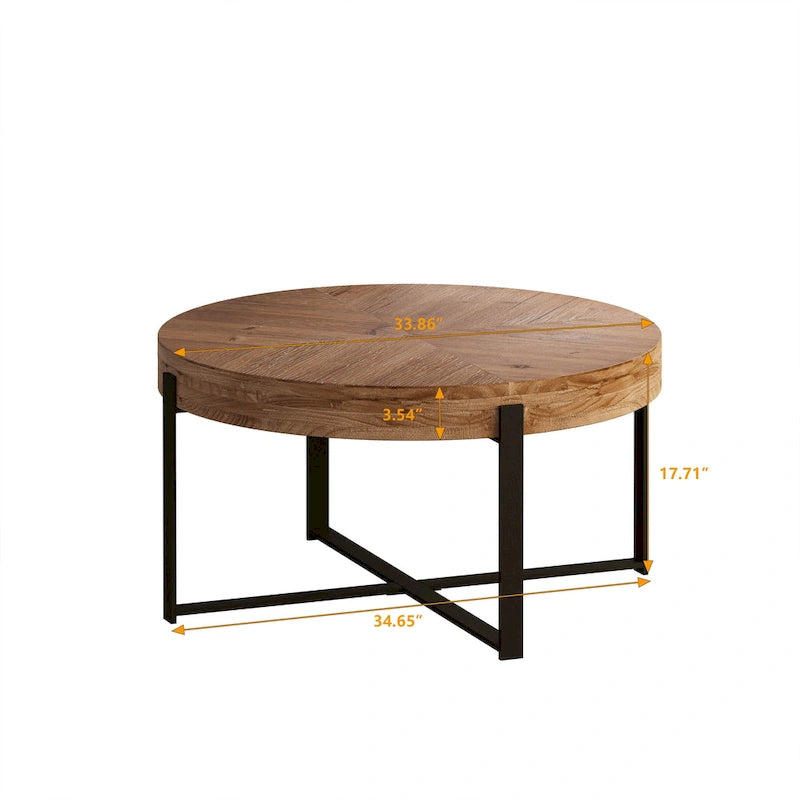 Tavolino Rotondo da Caffè con Piano in Legno di Abete e Gambe a Croce in Metallo