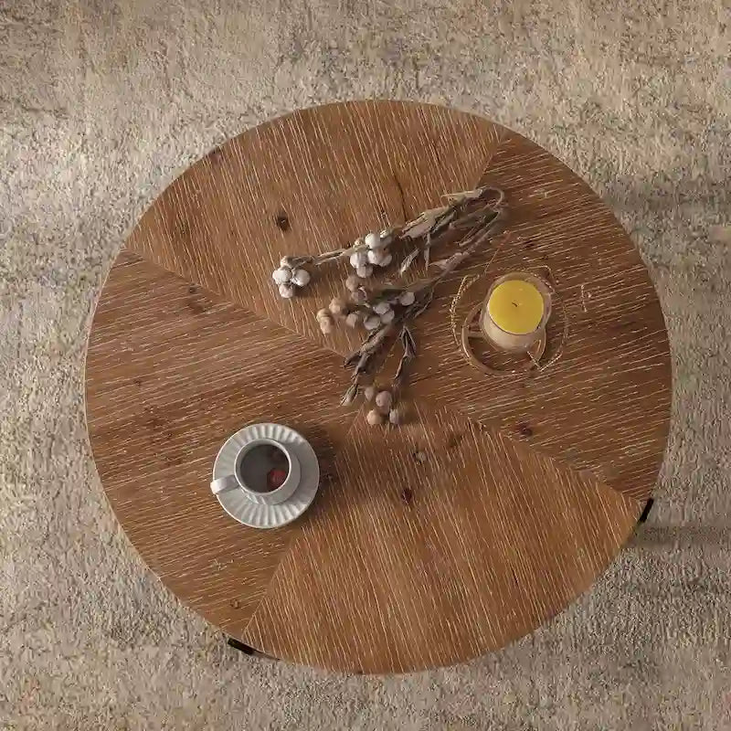Tavolino Rotondo da Caffè con Piano in Legno di Abete e Gambe a Croce in Metallo