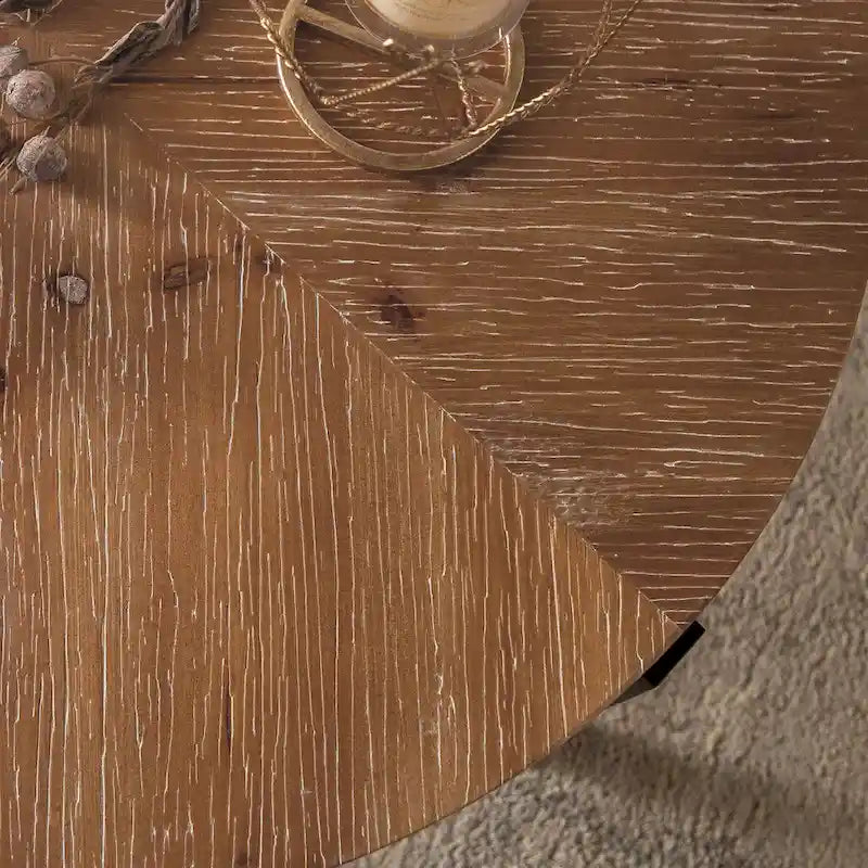 Tavolino Rotondo da Caffè con Piano in Legno di Abete e Gambe a Croce in Metallo