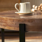 Tavolino Rotondo da Caffè con Piano in Legno di Abete e Gambe a Croce in Metallo