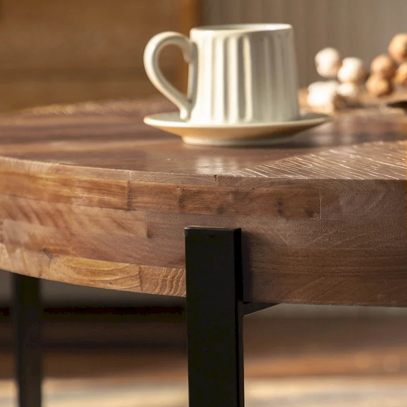 Tavolino Rotondo da Caffè con Piano in Legno di Abete e Gambe a Croce in Metallo