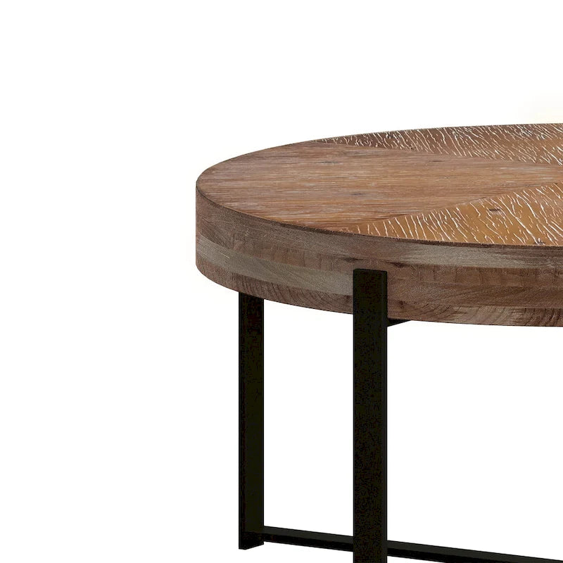 Tavolino Rotondo da Caffè con Piano in Legno di Abete e Gambe a Croce in Metallo