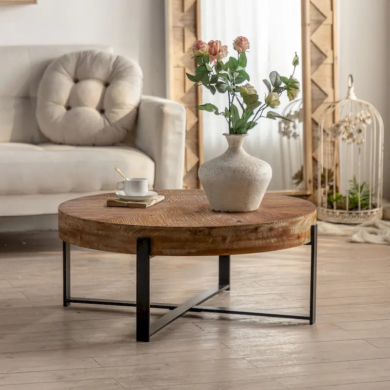 Tavolino Rotondo da Caffè con Piano in Legno di Abete e Gambe a Croce in Metallo
