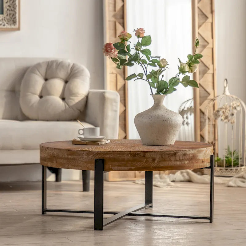Tavolino Rotondo da Caffè con Piano in Legno di Abete e Gambe a Croce in Metallo
