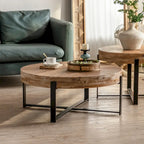 Tavolino Rotondo da Caffè con Piano in Legno di Abete e Gambe a Croce in Metallo
