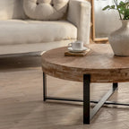 Tavolino Rotondo da Caffè con Piano in Legno di Abete e Gambe a Croce in Metallo