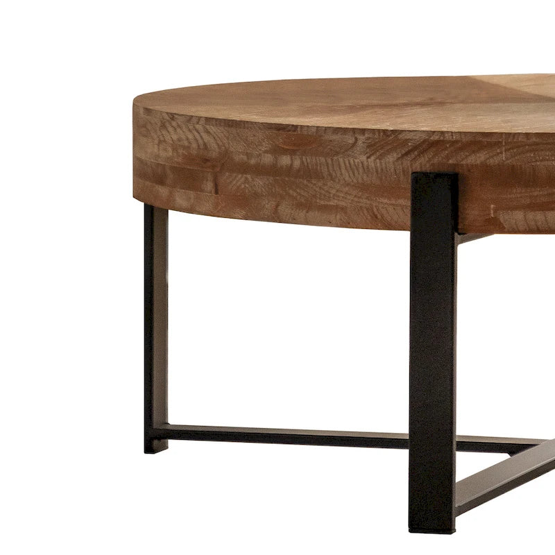 Tavolino Rotondo da Caffè con Piano in Legno di Abete e Gambe a Croce in Metallo