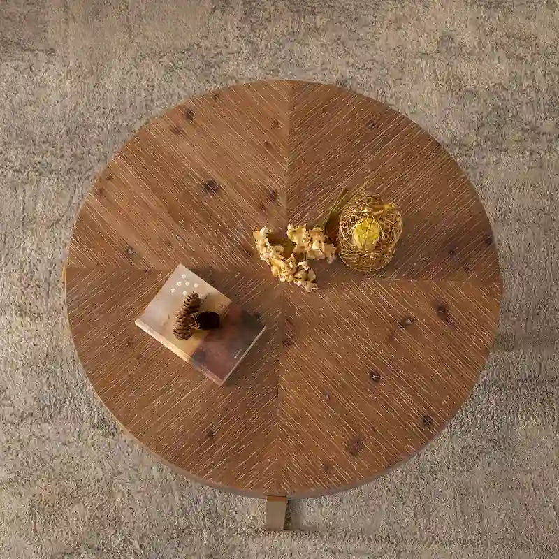 Tavolino Rotondo da Caffè con Piano in Legno di Abete e Gambe a Croce in Metallo