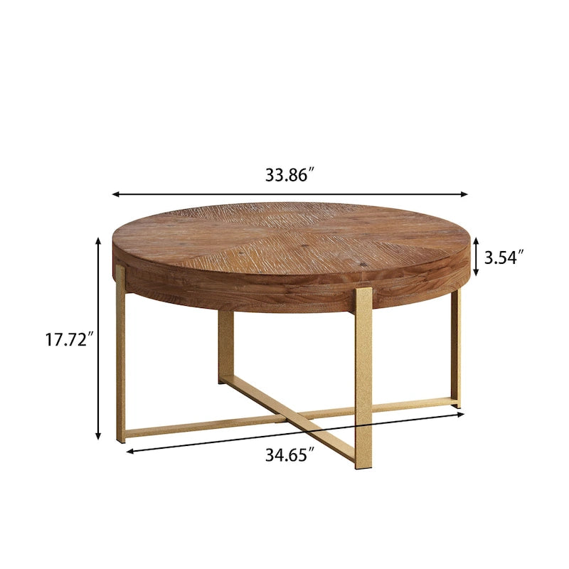 Tavolino Rotondo da Caffè con Piano in Legno di Abete e Gambe a Croce in Metallo