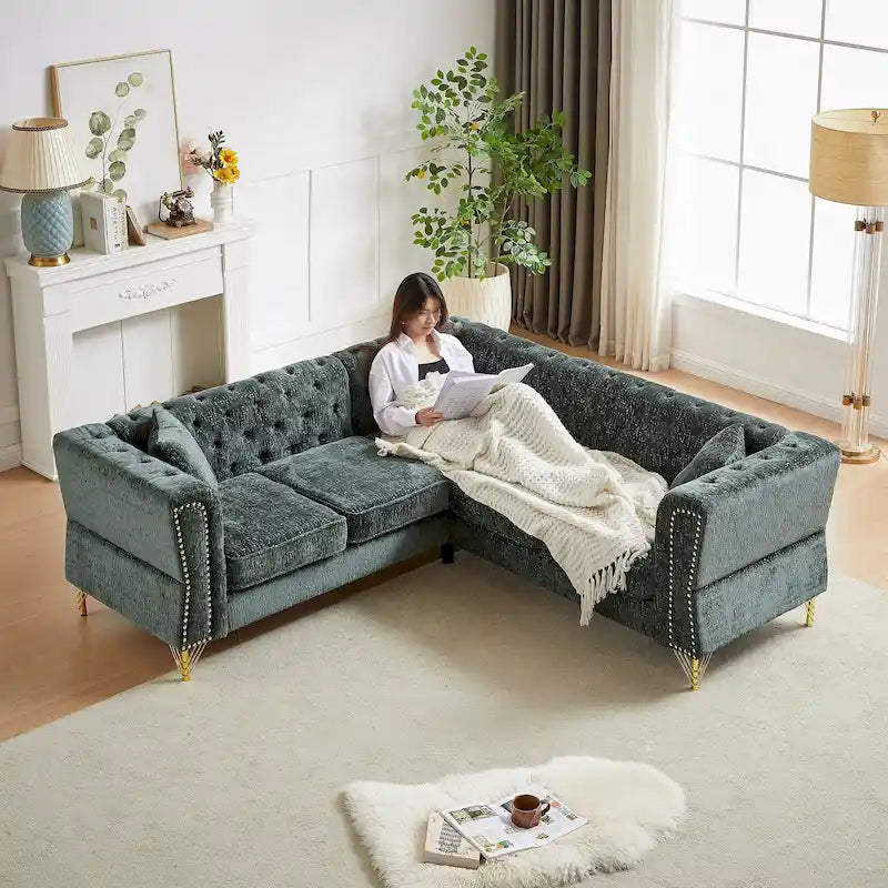 Divano componibile a L con design Chesterfield, in tessuto ciniglia, 5 posti