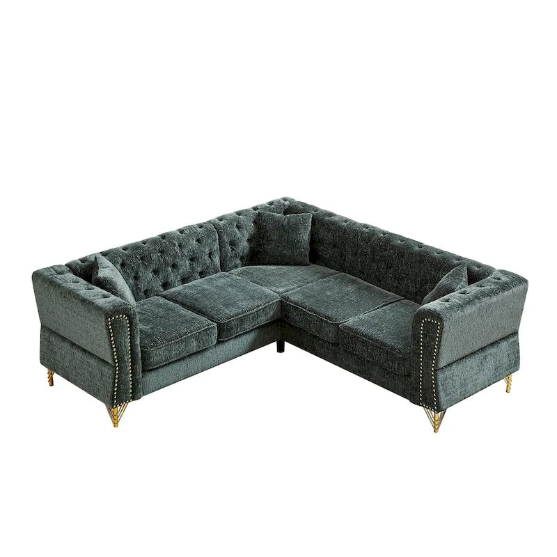 Divano componibile a L con design Chesterfield, in tessuto ciniglia, 5 posti