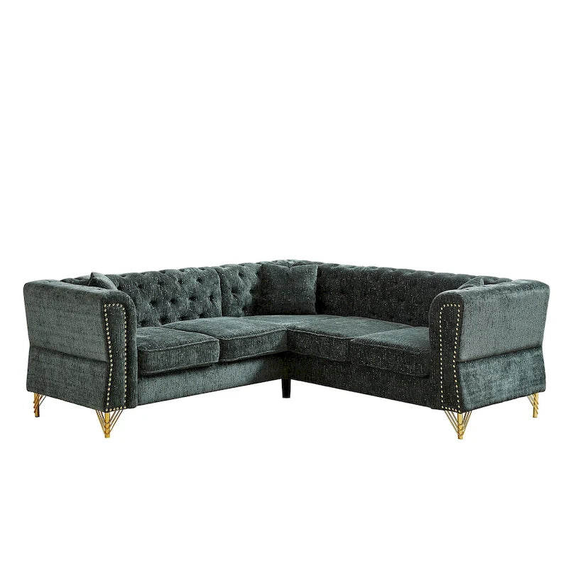 Divano componibile a L con design Chesterfield, in tessuto ciniglia, 5 posti