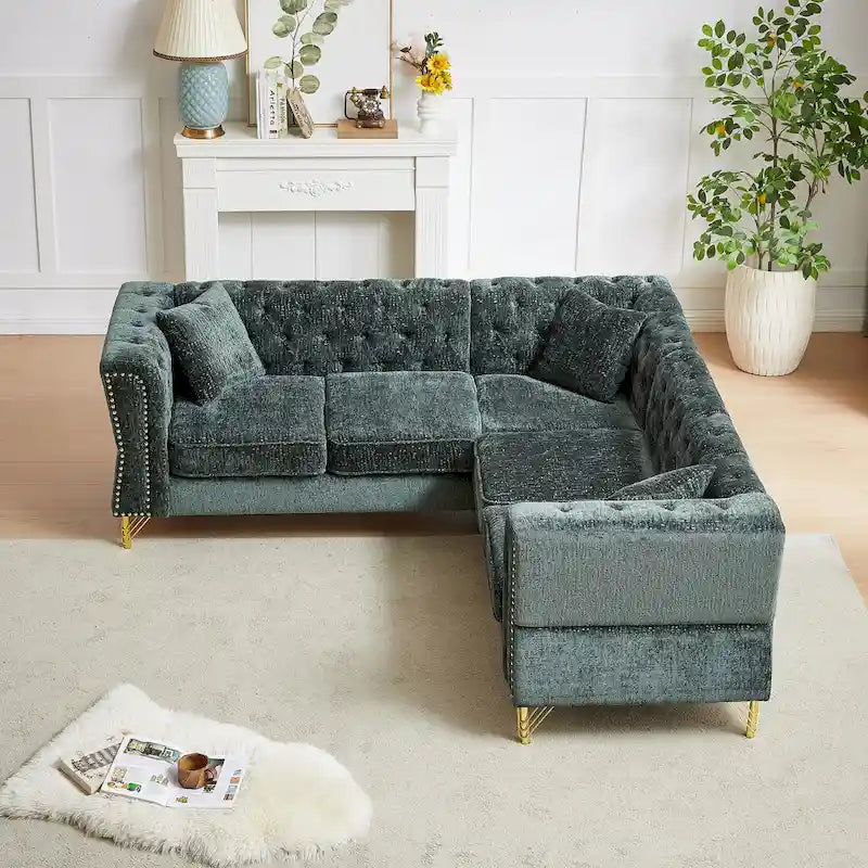 Divano componibile a L con design Chesterfield, in tessuto ciniglia, 5 posti