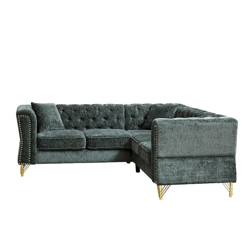Divano componibile a L con design Chesterfield, in tessuto ciniglia, 5 posti